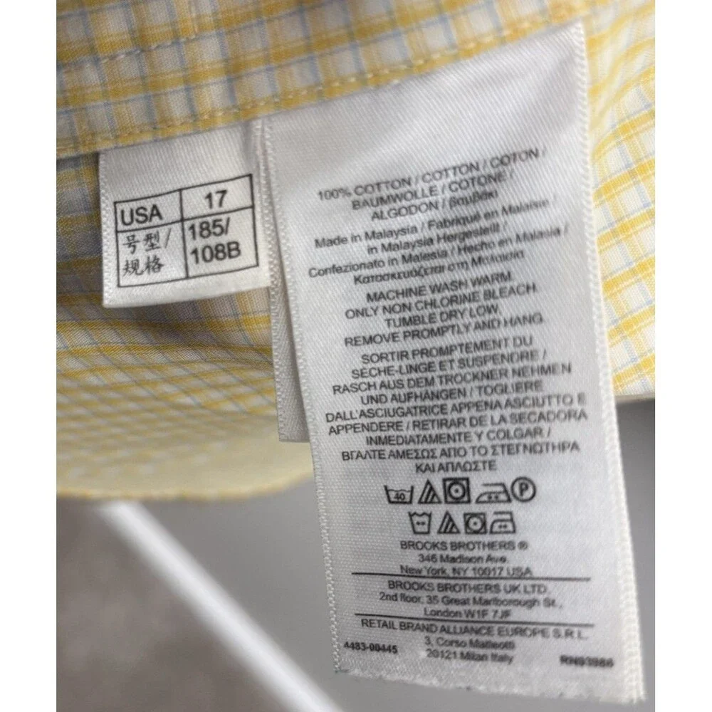Brooks Brothers Men 17-35 Classic Yellow Check Dress Shirt NonIron Supima Cotton